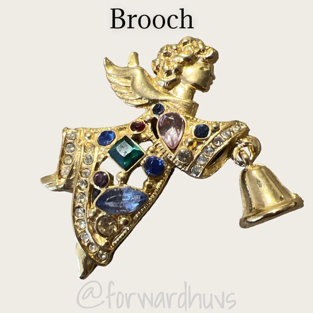 Christopher Radko Angel Ringing Bell Brooch Embellished with Multicolored Glass